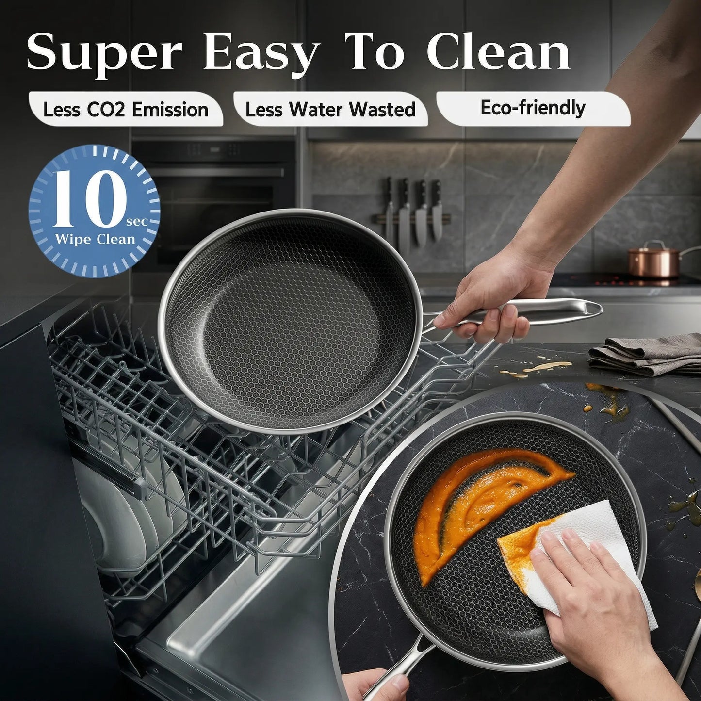 XBM Professional 3-Piece Hybrid Nonstick Cookware Set - Ceramic Honeycomb Skillets (8", 10", 12") - 100% PTFE/PFOA Free, Tri-Ply Stainless Steel, Induction & Oven Safe Wok - Ideal Mother's Day Gift