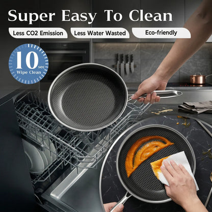 XBM Professional 3-Piece Hybrid Nonstick Cookware Set - Ceramic Honeycomb Skillets (8", 10", 12") - 100% PTFE/PFOA Free, Tri-Ply Stainless Steel, Induction & Oven Safe Wok - Ideal Mother's Day Gift