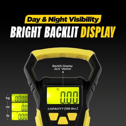 Beyond Fishing Digital Scale with Built-In Tape Measure – Weighs up to 110Lbs - LCD Display, Ounces - Pounds - Kilograms - Ergonomic Grip, Battery Powered, Portable Fish Weigher for Anglers