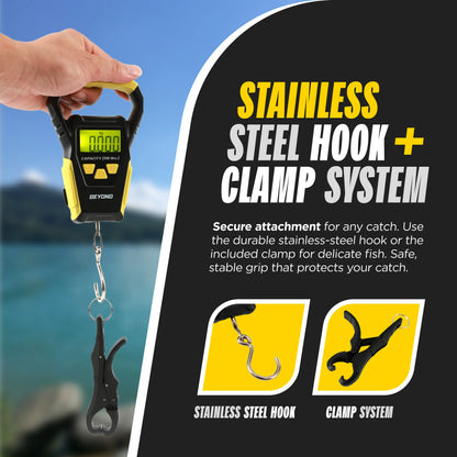 Beyond Fishing Digital Scale with Built-In Tape Measure – Weighs up to 110Lbs - LCD Display, Ounces - Pounds - Kilograms - Ergonomic Grip, Battery Powered, Portable Fish Weigher for Anglers