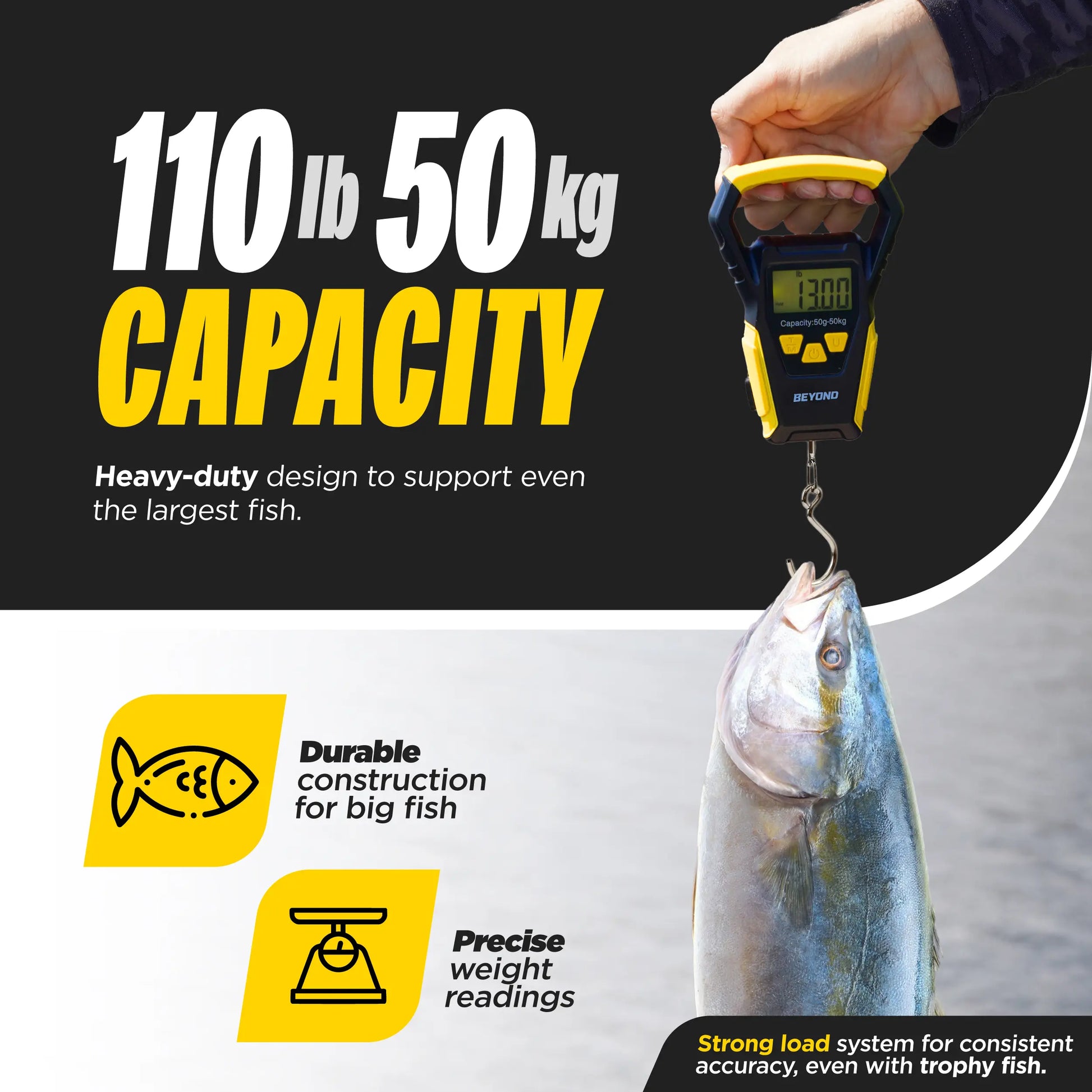 Beyond Fishing Digital Scale with Built-In Tape Measure – Weighs up to 110Lbs - LCD Display, Ounces - Pounds - Kilograms - Ergonomic Grip, Battery Powered, Portable Fish Weigher for Anglers