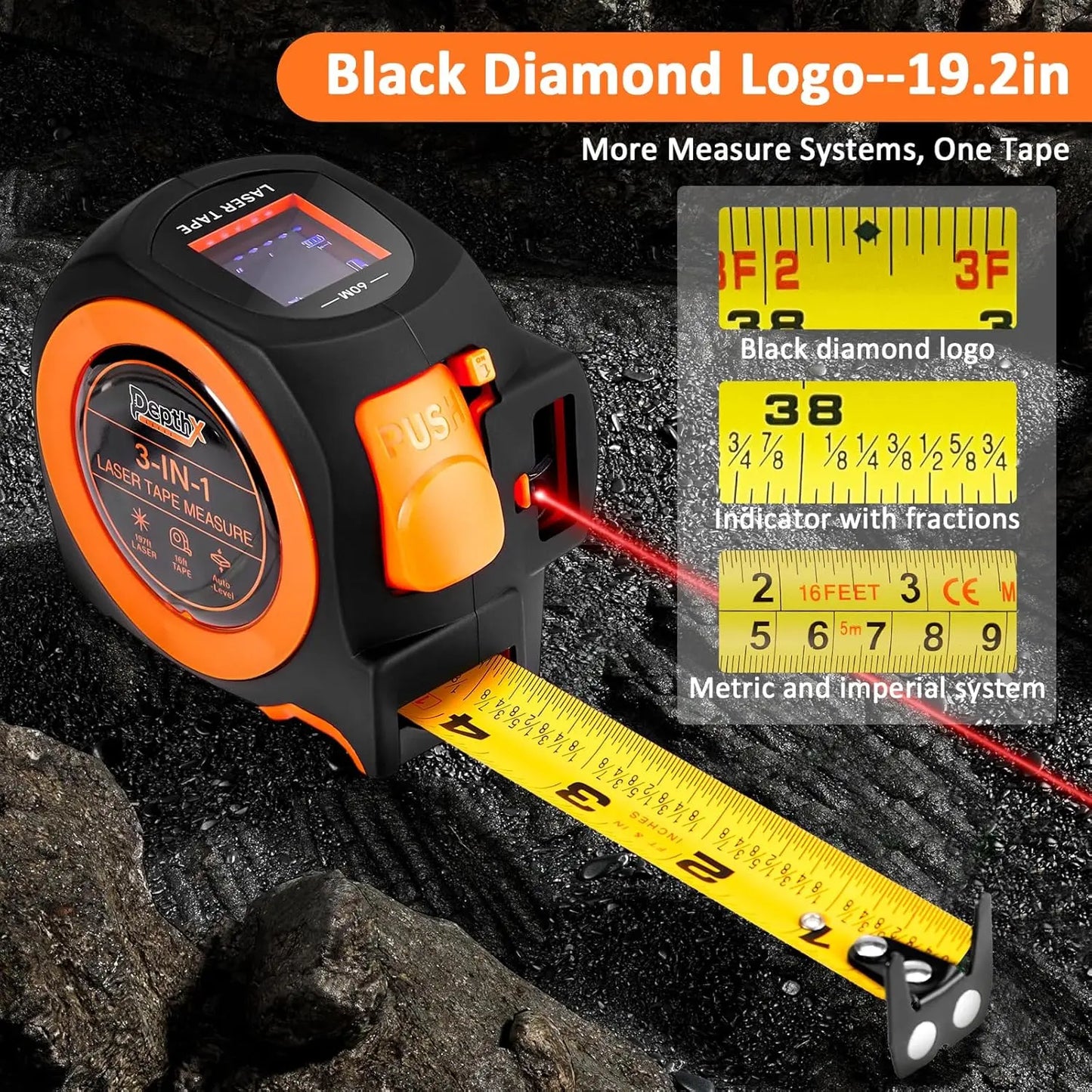 3-In-1 Laser Tape Measure, 197Ft Laser Distance Meter, 16Ft Digital Tape Measure, Digital Level, Pythagorean/Area/Volume, Rechargeable, Ft/Ft+In/In/M Units, 40 Data Sets