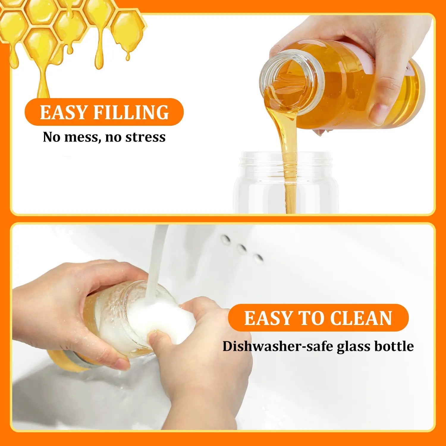 Aelga Glass Honey Dispenser Kitchen Items No Drip No Mess Leak-Free Design with Handle for Maple Syrup Maintains Freshness Easy to Clean Refill Perfect for Everyday Use Summervibes