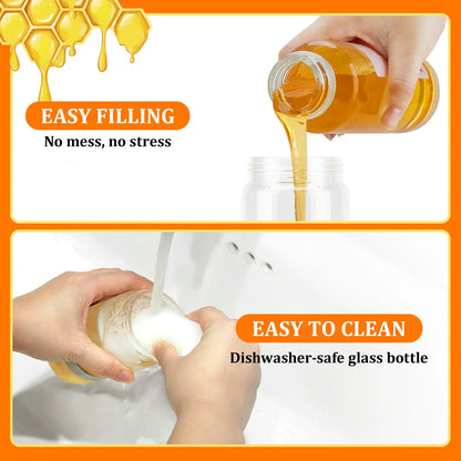 Aelga Glass Honey Dispenser Kitchen Items No Drip No Mess Leak-Free Design with Handle for Maple Syrup Maintains Freshness Easy to Clean Refill Perfect for Everyday Use Summervibes