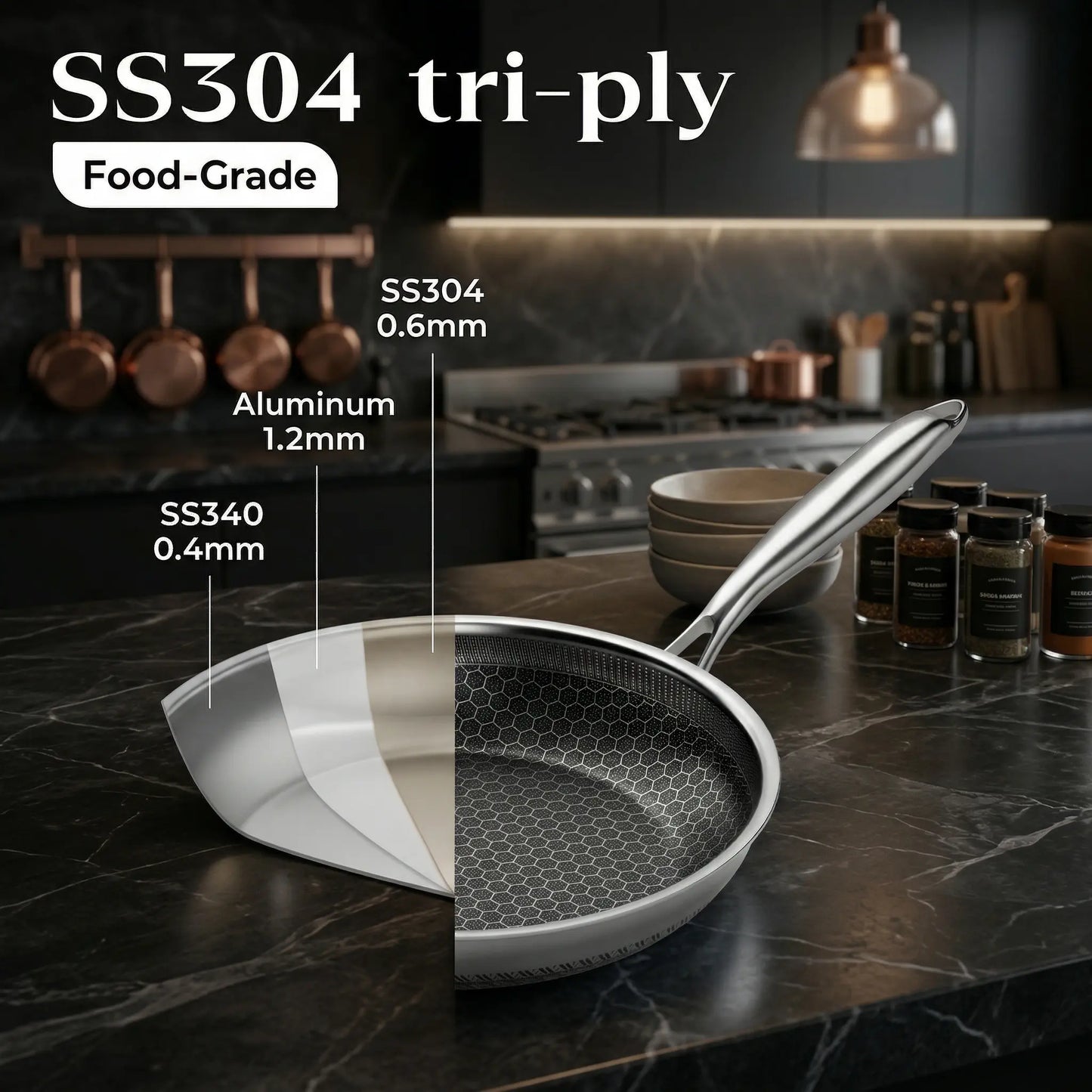 XBM Professional 3-Piece Hybrid Nonstick Cookware Set - Ceramic Honeycomb Skillets (8", 10", 12") - 100% PTFE/PFOA Free, Tri-Ply Stainless Steel, Induction & Oven Safe Wok - Ideal Mother's Day Gift