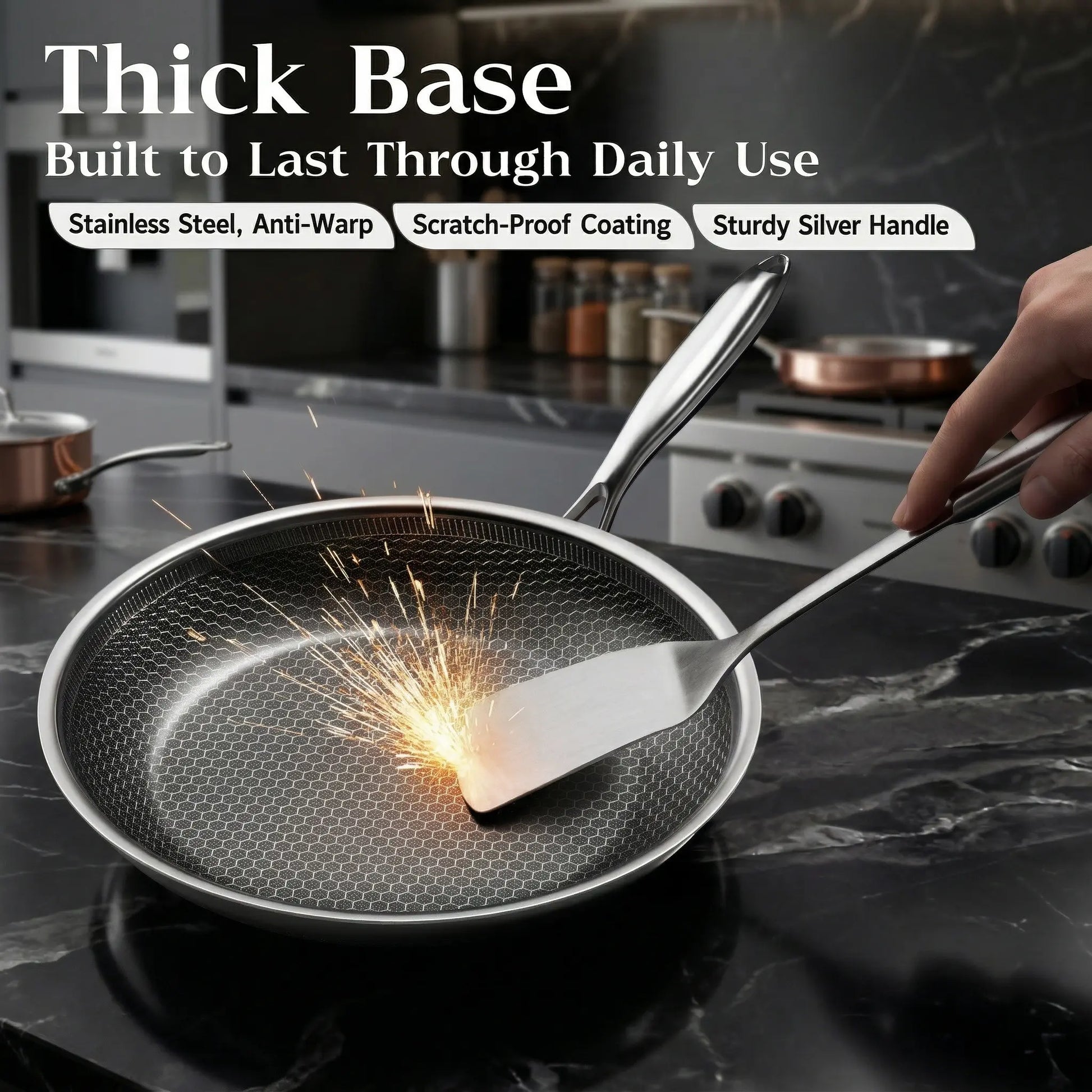 XBM Professional 3-Piece Hybrid Nonstick Cookware Set - Ceramic Honeycomb Skillets (8", 10", 12") - 100% PTFE/PFOA Free, Tri-Ply Stainless Steel, Induction & Oven Safe Wok - Ideal Mother's Day Gift