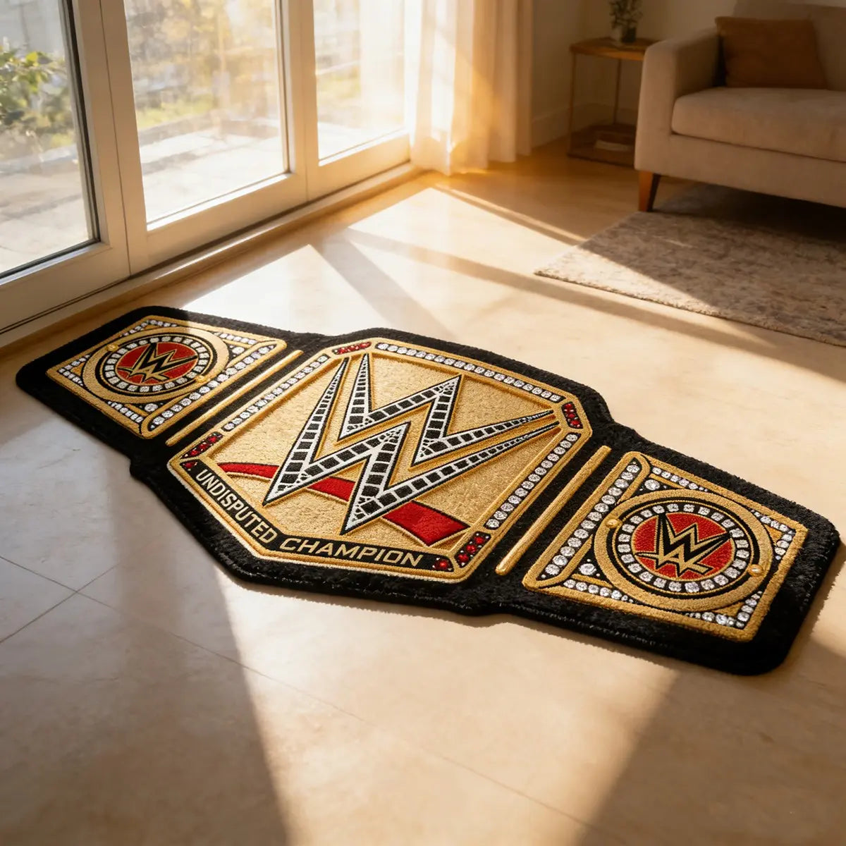WWE Championship Belt-Inspired Velvety Area Rug, Ideal for Wrestling Enthusiasts' Living Room or Bedroom, High Elasticity and Non-Slip Design
