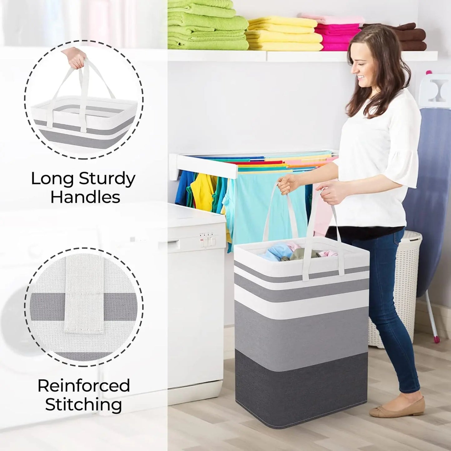 3 Pack Large Laundry Basket Hamper, Waterproof Freestanding Clothes Organizer with Reinforced Extended Handles, Collapsible Tall Dirty Clothes Hamper for Bedroom, Bathroom, Dorm, Towels & Toys (Grey)