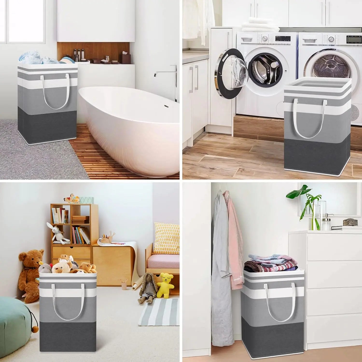 3 Pack Large Laundry Basket Hamper, Waterproof Freestanding Clothes Organizer with Reinforced Extended Handles, Collapsible Tall Dirty Clothes Hamper for Bedroom, Bathroom, Dorm, Towels & Toys (Grey)