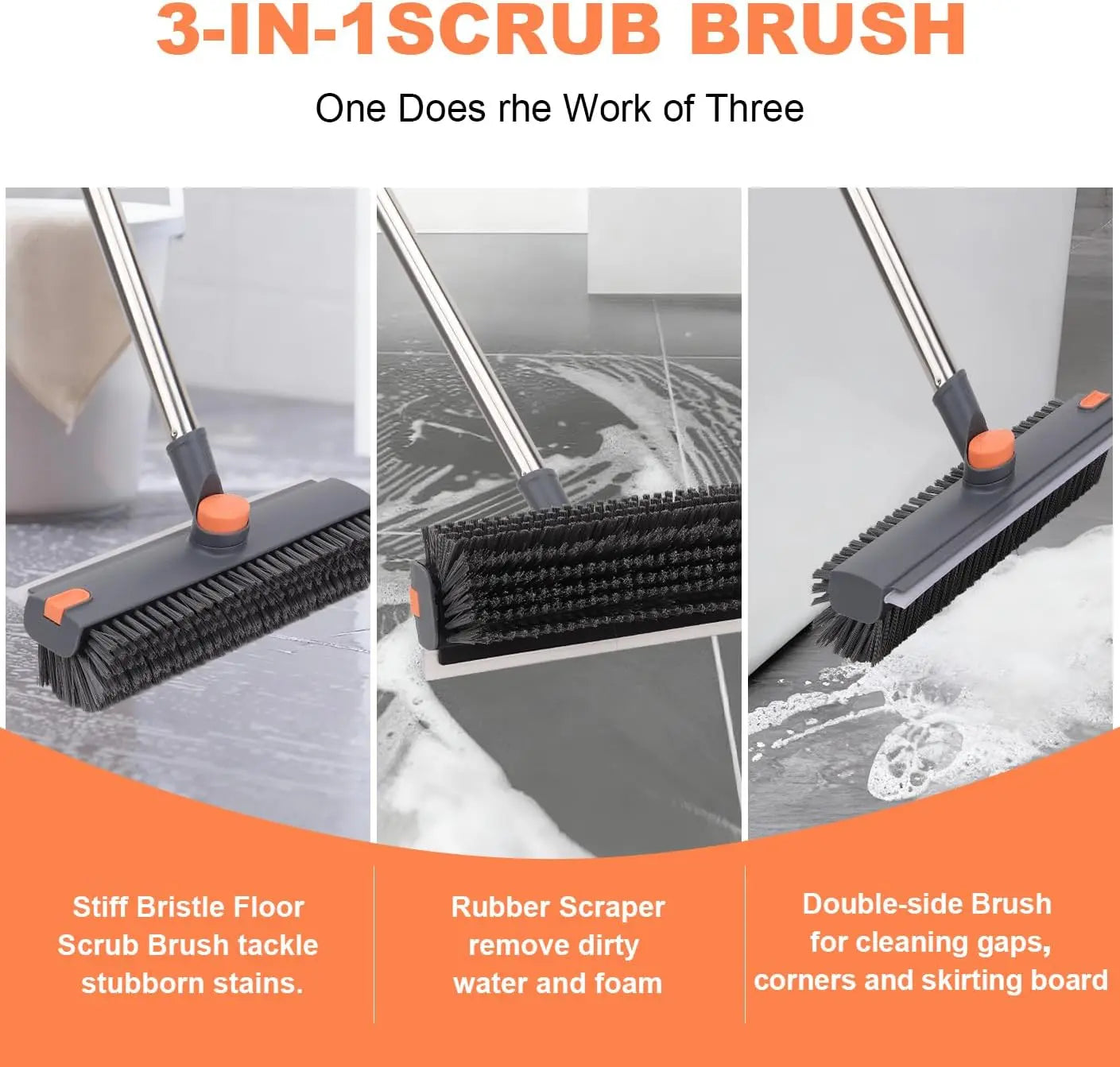 Professional 3-in-1 Heavy Duty Floor Scrub Brush with Long Handle, 360° Rotating Design, Stiff Bristles, Squeegee, and Tweezer for Deep Cleaning of Bathroom, Shower, Tile, Grout, Patio, Deck, Garage, and Kitchen Floors