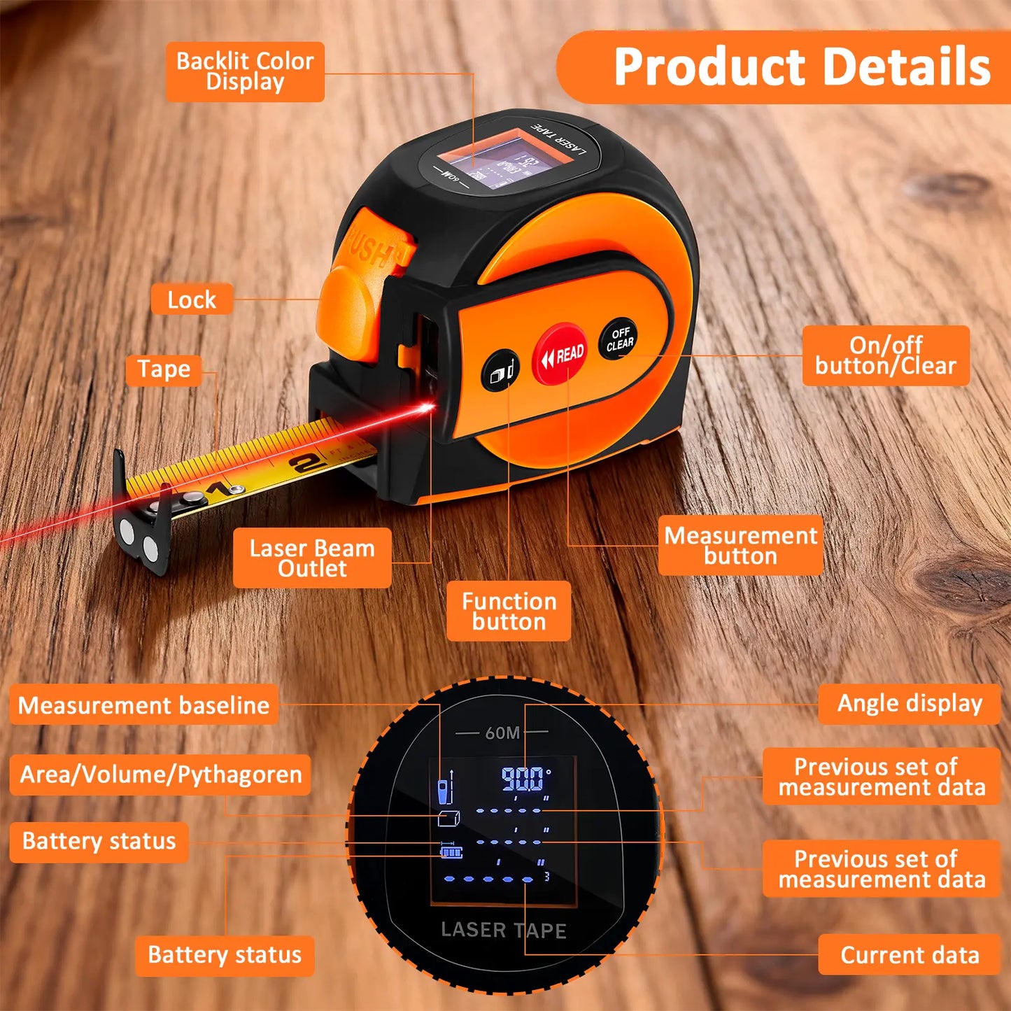3-In-1 Laser Tape Measure, 197Ft Laser Distance Meter, 16Ft Digital Tape Measure, Digital Level, Pythagorean/Area/Volume, Rechargeable, Ft/Ft+In/In/M Units, 40 Data Sets