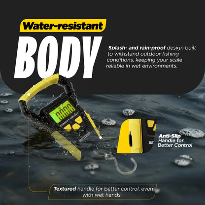 Beyond Fishing Digital Scale with Built-In Tape Measure – Weighs up to 110Lbs - LCD Display, Ounces - Pounds - Kilograms - Ergonomic Grip, Battery Powered, Portable Fish Weigher for Anglers