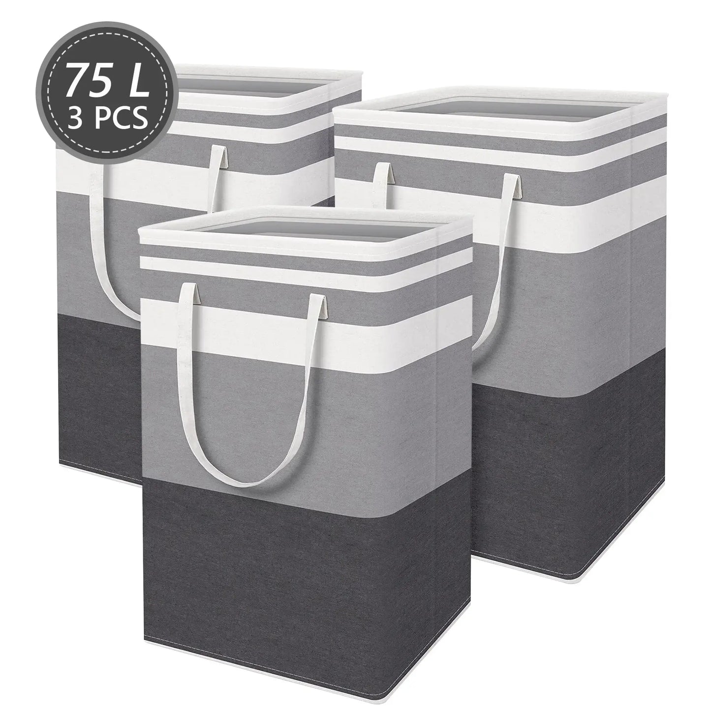 3 Pack Large Laundry Basket Hamper, Waterproof Freestanding Clothes Organizer with Reinforced Extended Handles, Collapsible Tall Dirty Clothes Hamper for Bedroom, Bathroom, Dorm, Towels & Toys (Grey)