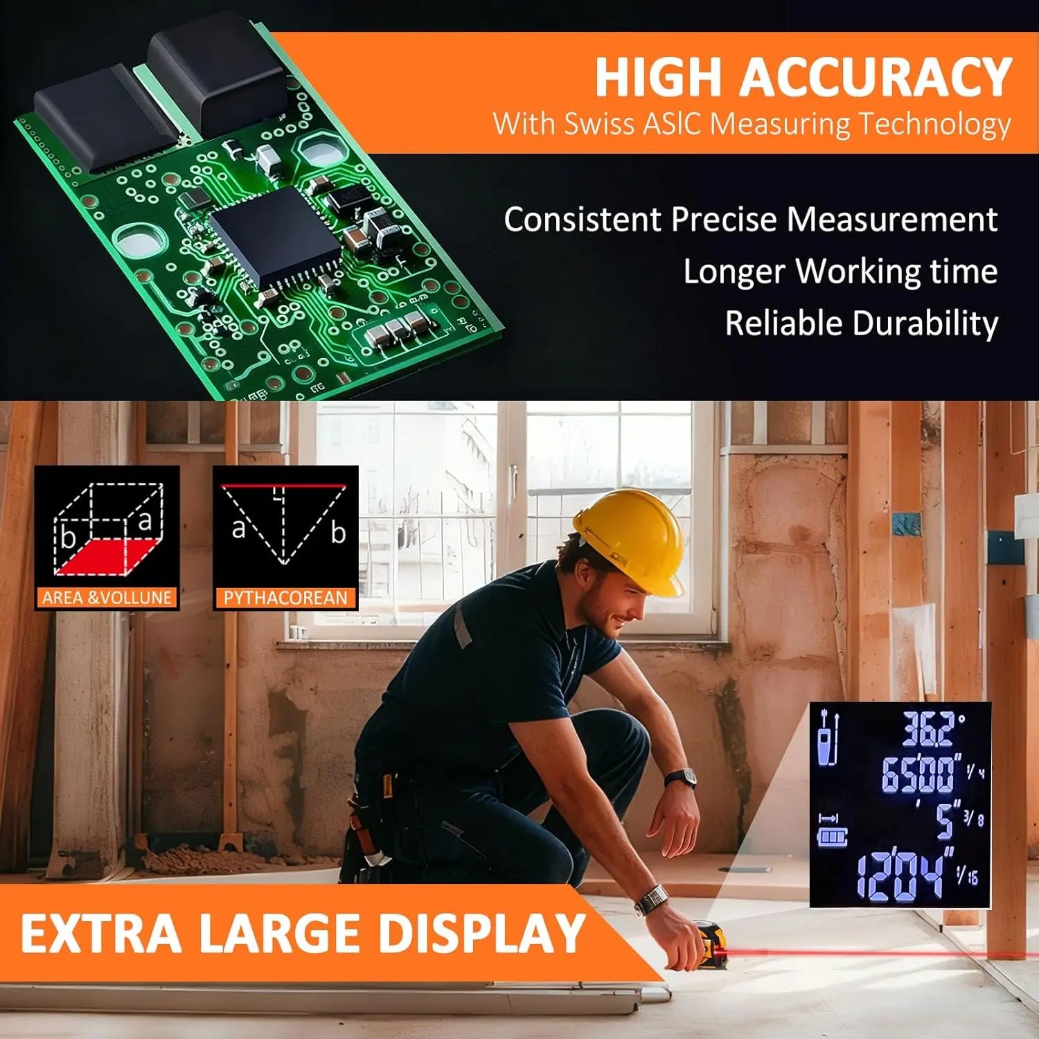 3-In-1 Laser Tape Measure, 197Ft Laser Distance Meter, 16Ft Digital Tape Measure, Digital Level, Pythagorean/Area/Volume, Rechargeable, Ft/Ft+In/In/M Units, 40 Data Sets