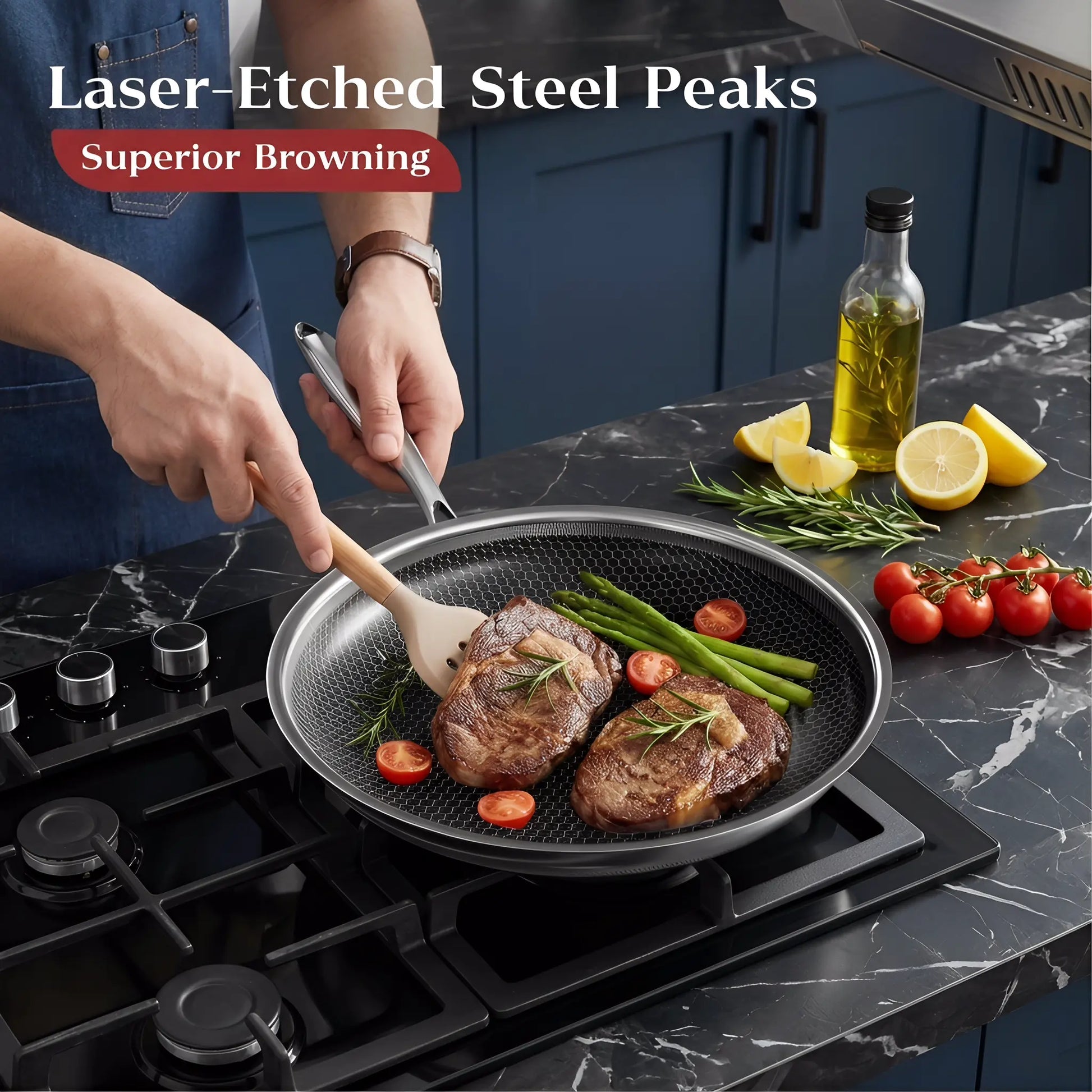 XBM Professional 3-Piece Hybrid Nonstick Cookware Set - Ceramic Honeycomb Skillets (8", 10", 12") - 100% PTFE/PFOA Free, Tri-Ply Stainless Steel, Induction & Oven Safe Wok - Ideal Mother's Day Gift
