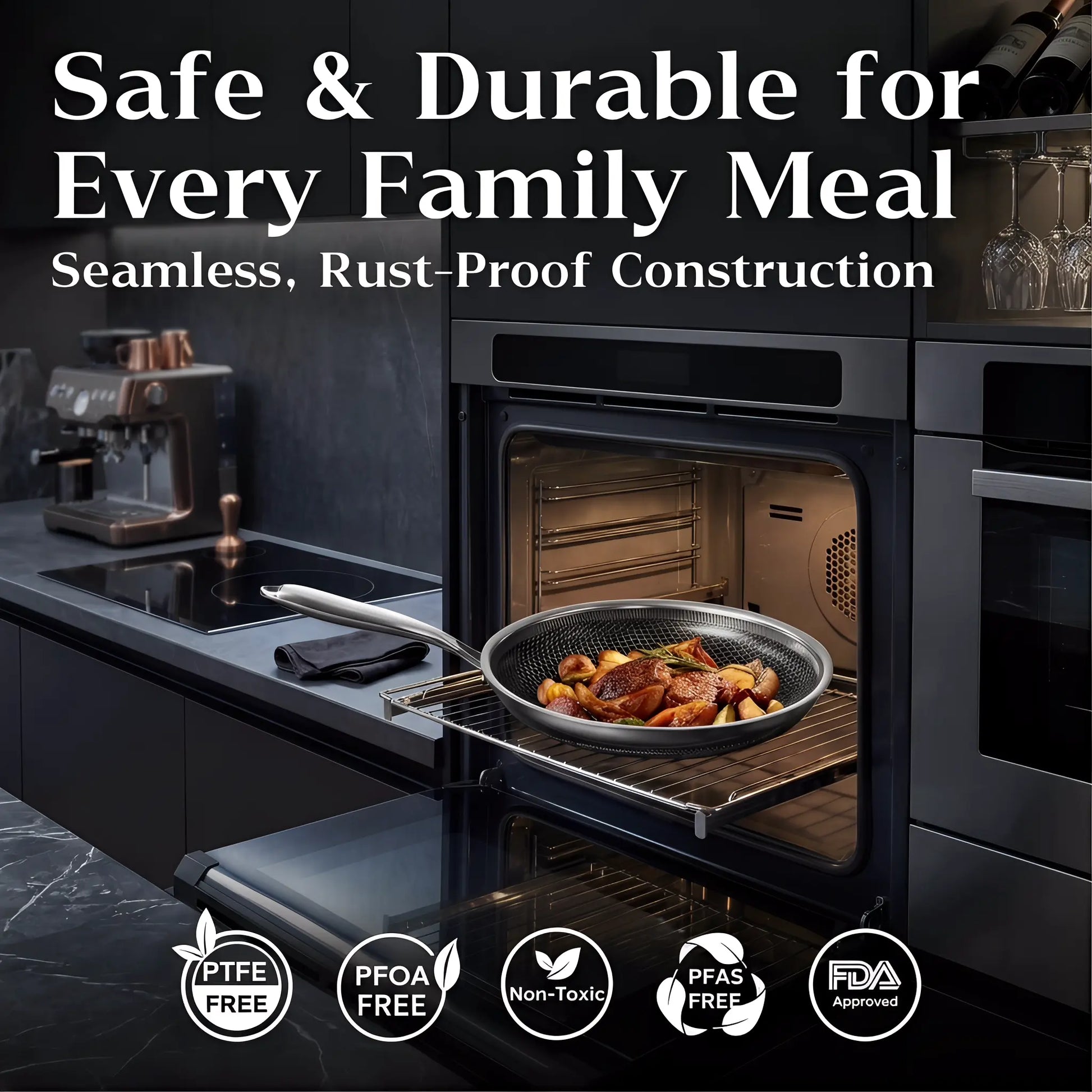 XBM Professional 3-Piece Hybrid Nonstick Cookware Set - Ceramic Honeycomb Skillets (8", 10", 12") - 100% PTFE/PFOA Free, Tri-Ply Stainless Steel, Induction & Oven Safe Wok - Ideal Mother's Day Gift
