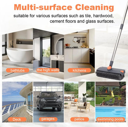 Professional 3-in-1 Heavy Duty Floor Scrub Brush with Long Handle, 360° Rotating Design, Stiff Bristles, Squeegee, and Tweezer for Deep Cleaning of Bathroom, Shower, Tile, Grout, Patio, Deck, Garage, and Kitchen Floors