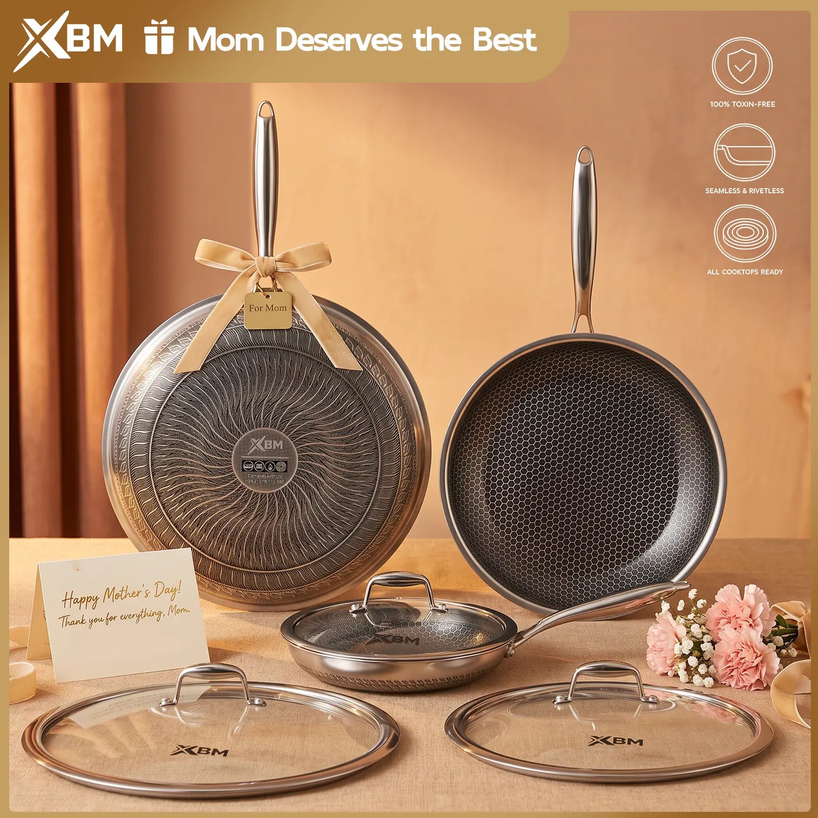 XBM Professional 3-Piece Hybrid Nonstick Cookware Set - Ceramic Honeycomb Skillets (8", 10", 12") - 100% PTFE/PFOA Free, Tri-Ply Stainless Steel, Induction & Oven Safe Wok - Ideal Mother's Day Gift