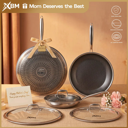 XBM Professional 3-Piece Hybrid Nonstick Cookware Set - Ceramic Honeycomb Skillets (8", 10", 12") - 100% PTFE/PFOA Free, Tri-Ply Stainless Steel, Induction & Oven Safe Wok - Ideal Mother's Day Gift