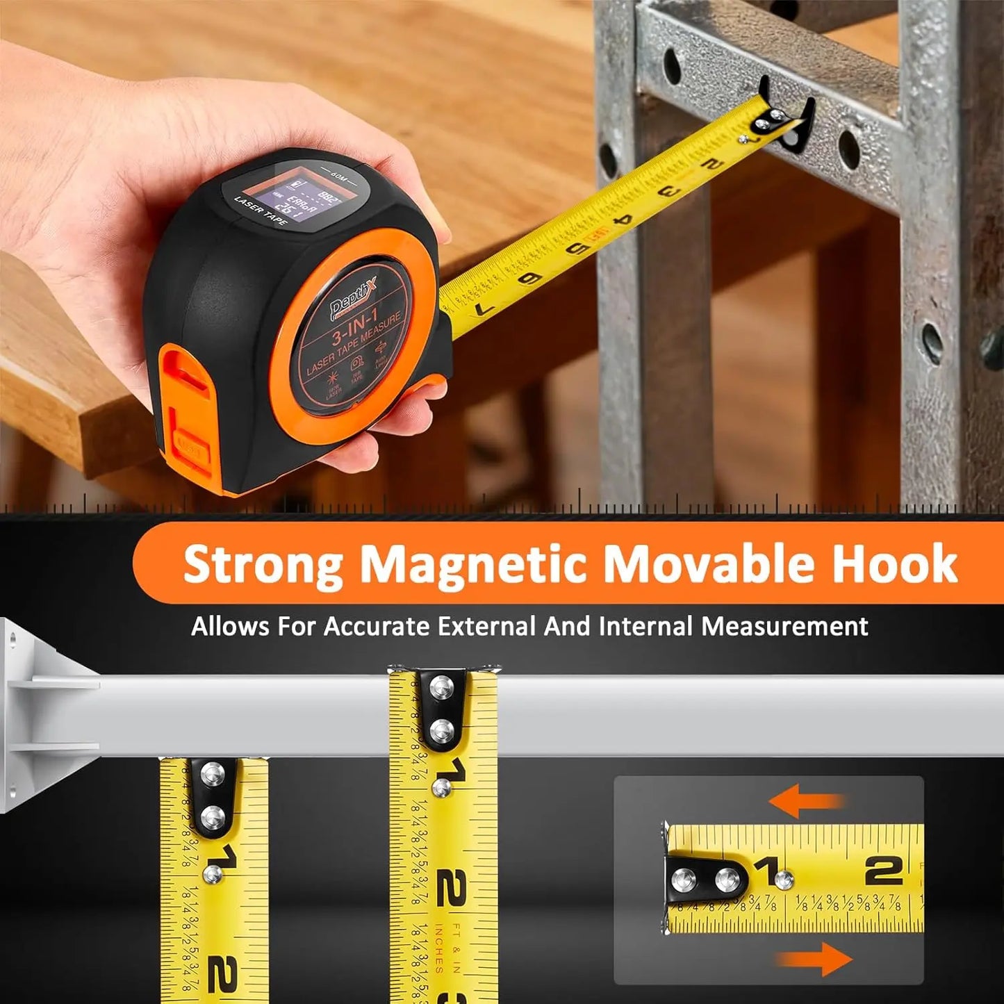 3-In-1 Laser Tape Measure, 197Ft Laser Distance Meter, 16Ft Digital Tape Measure, Digital Level, Pythagorean/Area/Volume, Rechargeable, Ft/Ft+In/In/M Units, 40 Data Sets