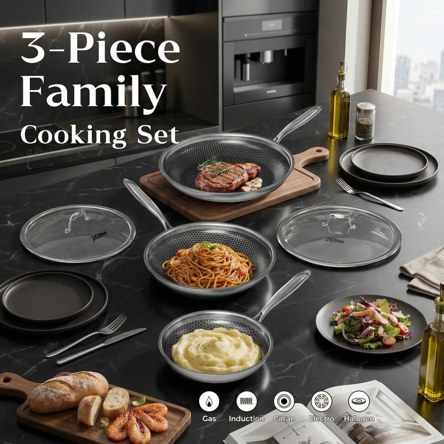 XBM Professional 3-Piece Hybrid Nonstick Cookware Set - Ceramic Honeycomb Skillets (8", 10", 12") - 100% PTFE/PFOA Free, Tri-Ply Stainless Steel, Induction & Oven Safe Wok - Ideal Mother's Day Gift