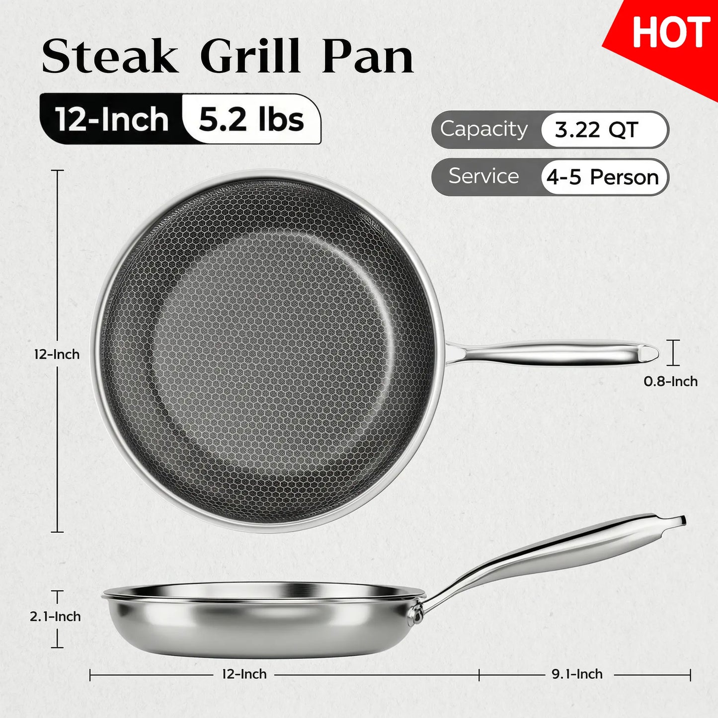 XBM Professional 3-Piece Hybrid Nonstick Cookware Set - Ceramic Honeycomb Skillets (8", 10", 12") - 100% PTFE/PFOA Free, Tri-Ply Stainless Steel, Induction & Oven Safe Wok - Ideal Mother's Day Gift
