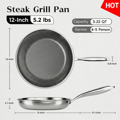 XBM Professional 3-Piece Hybrid Nonstick Cookware Set - Ceramic Honeycomb Skillets (8", 10", 12") - 100% PTFE/PFOA Free, Tri-Ply Stainless Steel, Induction & Oven Safe Wok - Ideal Mother's Day Gift
