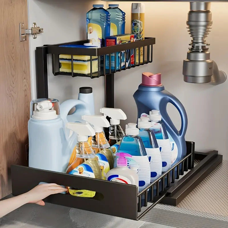 Kitchen Fixed Shelf Sink Storage, Sliding Pull-Out Cabinet Arrangement Rack, Metal Sliding Drawer, Bathroom Organizing Accessories, for Kitchen Bathroom Refrigerator Cabinet Organization Rack, Kitchen Storage Essential Goods