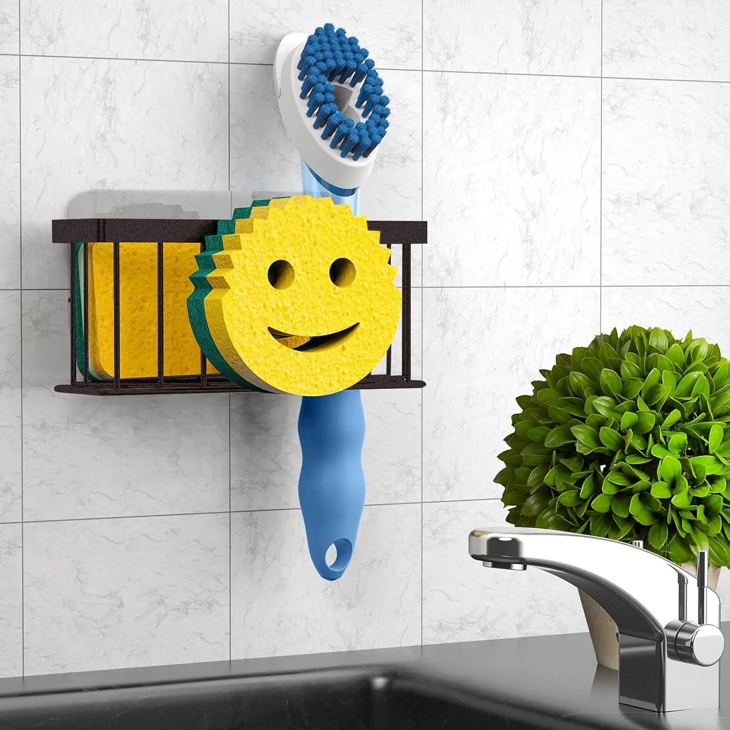 Smiley Face Sponge Holder and Sink Organizer with Suction Cups and Adhesive Strips - Bronze
