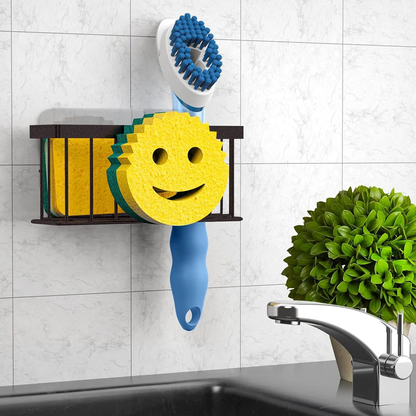 Smiley Face Sponge Holder and Sink Organizer with Suction Cups and Adhesive Strips - Bronze