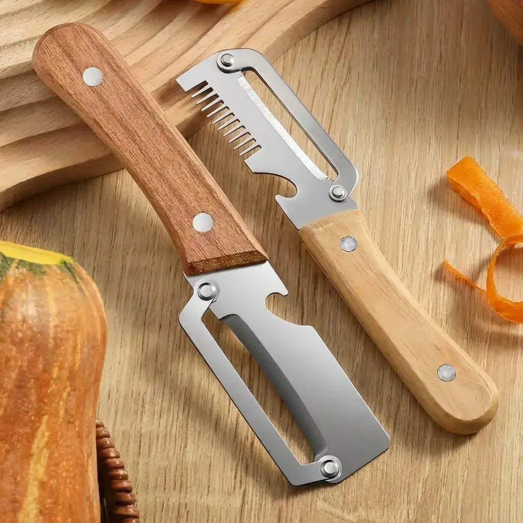 Multi-Functional Vegetable Peeler Set with Ultra-Sharp Stainless Steel Blade and Wooden Handle, Includes Bottle Opener - Ideal for Peeling Fruits and Vegetables (2 Pieces)