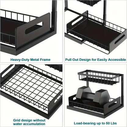 Kitchen Fixed Shelf Sink Storage, Sliding Pull-Out Cabinet Arrangement Rack, Metal Sliding Drawer, Bathroom Organizing Accessories, for Kitchen Bathroom Refrigerator Cabinet Organization Rack, Kitchen Storage Essential Goods