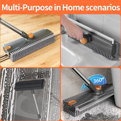 Professional 3-in-1 Heavy Duty Floor Scrub Brush with Long Handle, 360° Rotating Design, Stiff Bristles, Squeegee, and Tweezer for Deep Cleaning of Bathroom, Shower, Tile, Grout, Patio, Deck, Garage, and Kitchen Floors