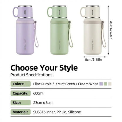 316 Stainless Steel Insulated Water Bottle - 600ml Airtight Vacuum Flask with 24-Hour Cold and 10-Hour Hot Retention, Leakproof Lid, Portable for Beverages and Travel