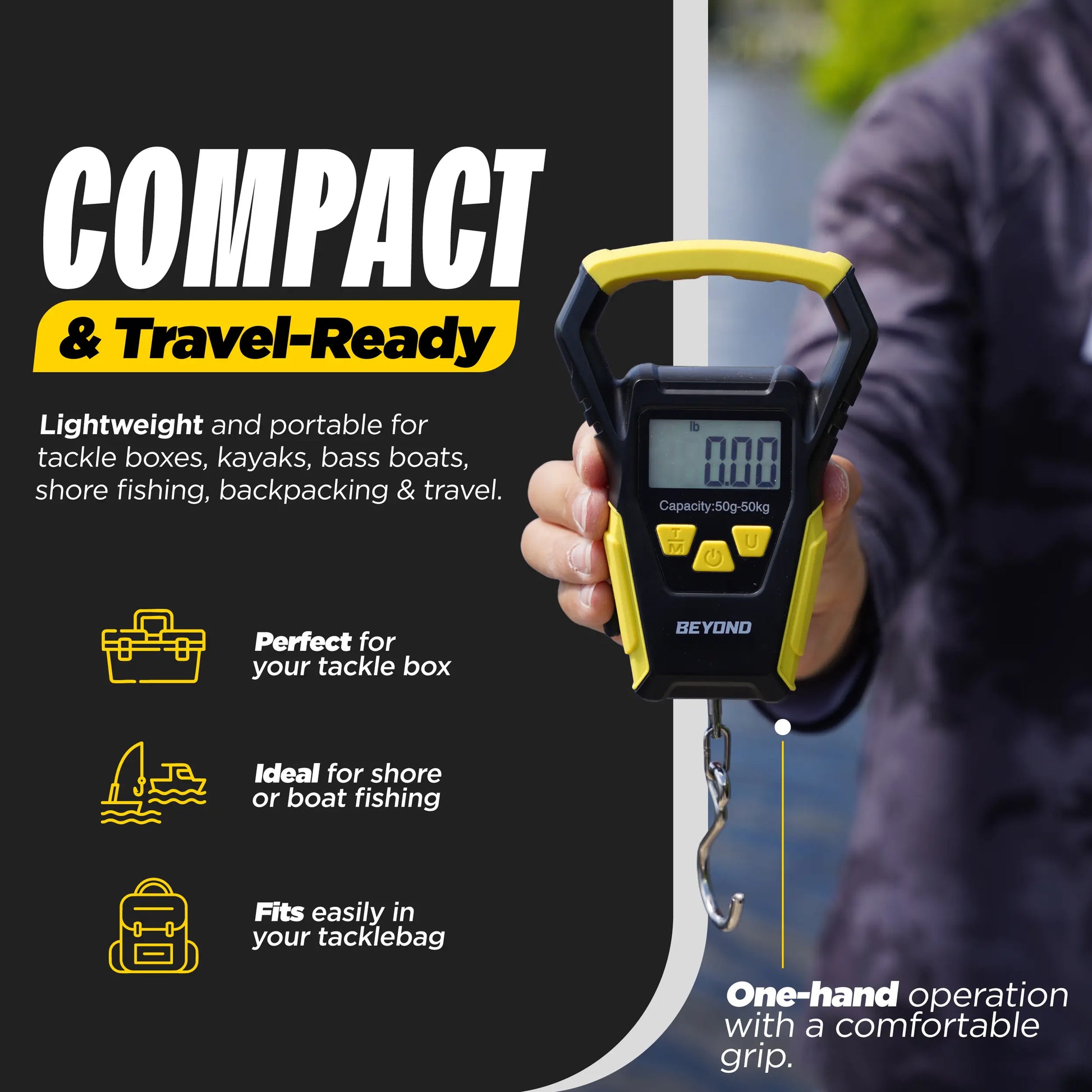Beyond Fishing Digital Scale with Built-In Tape Measure – Weighs up to 110Lbs - LCD Display, Ounces - Pounds - Kilograms - Ergonomic Grip, Battery Powered, Portable Fish Weigher for Anglers