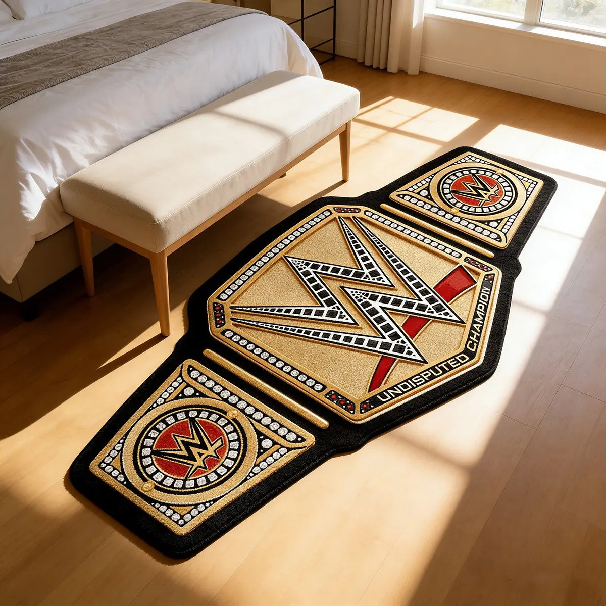 WWE Championship Belt-Inspired Velvety Area Rug, Ideal for Wrestling Enthusiasts' Living Room or Bedroom, High Elasticity and Non-Slip Design