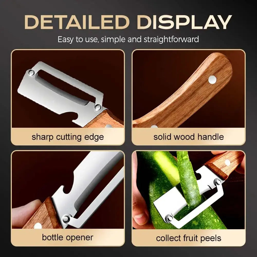 Multi-Functional Vegetable Peeler Set with Ultra-Sharp Stainless Steel Blade and Wooden Handle, Includes Bottle Opener - Ideal for Peeling Fruits and Vegetables (2 Pieces)