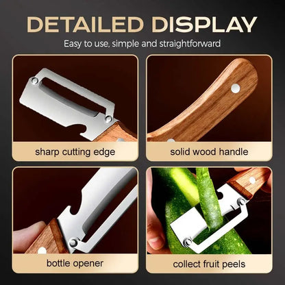 Multi-Functional Vegetable Peeler Set with Ultra-Sharp Stainless Steel Blade and Wooden Handle, Includes Bottle Opener - Ideal for Peeling Fruits and Vegetables (2 Pieces)