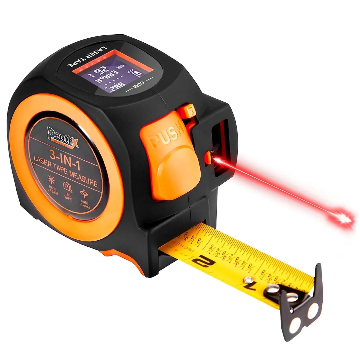 3-In-1 Laser Tape Measure, 197Ft Laser Distance Meter, 16Ft Digital Tape Measure, Digital Level, Pythagorean/Area/Volume, Rechargeable, Ft/Ft+In/In/M Units, 40 Data Sets