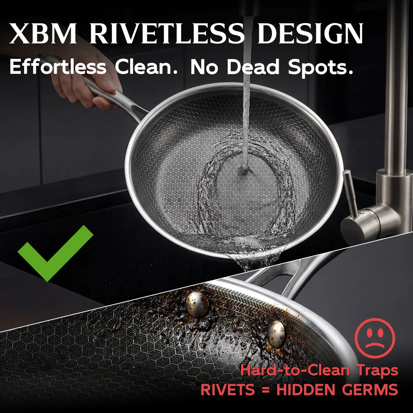 XBM Professional 3-Piece Hybrid Nonstick Cookware Set - Ceramic Honeycomb Skillets (8", 10", 12") - 100% PTFE/PFOA Free, Tri-Ply Stainless Steel, Induction & Oven Safe Wok - Ideal Mother's Day Gift