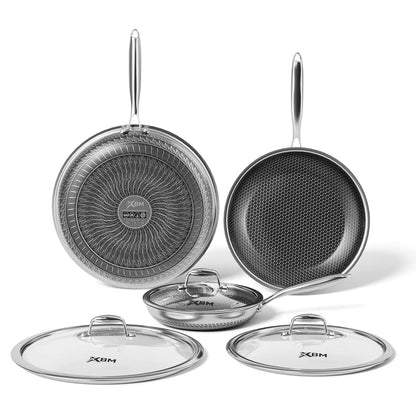 XBM Professional 3-Piece Hybrid Nonstick Cookware Set - Ceramic Honeycomb Skillets (8", 10", 12") - 100% PTFE/PFOA Free, Tri-Ply Stainless Steel, Induction & Oven Safe Wok - Ideal Mother's Day Gift