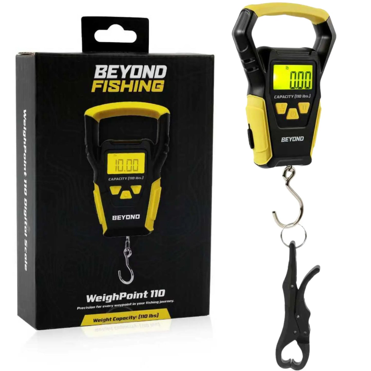 Beyond Fishing Digital Scale with Built-In Tape Measure – Weighs up to 110Lbs - LCD Display, Ounces - Pounds - Kilograms - Ergonomic Grip, Battery Powered, Portable Fish Weigher for Anglers