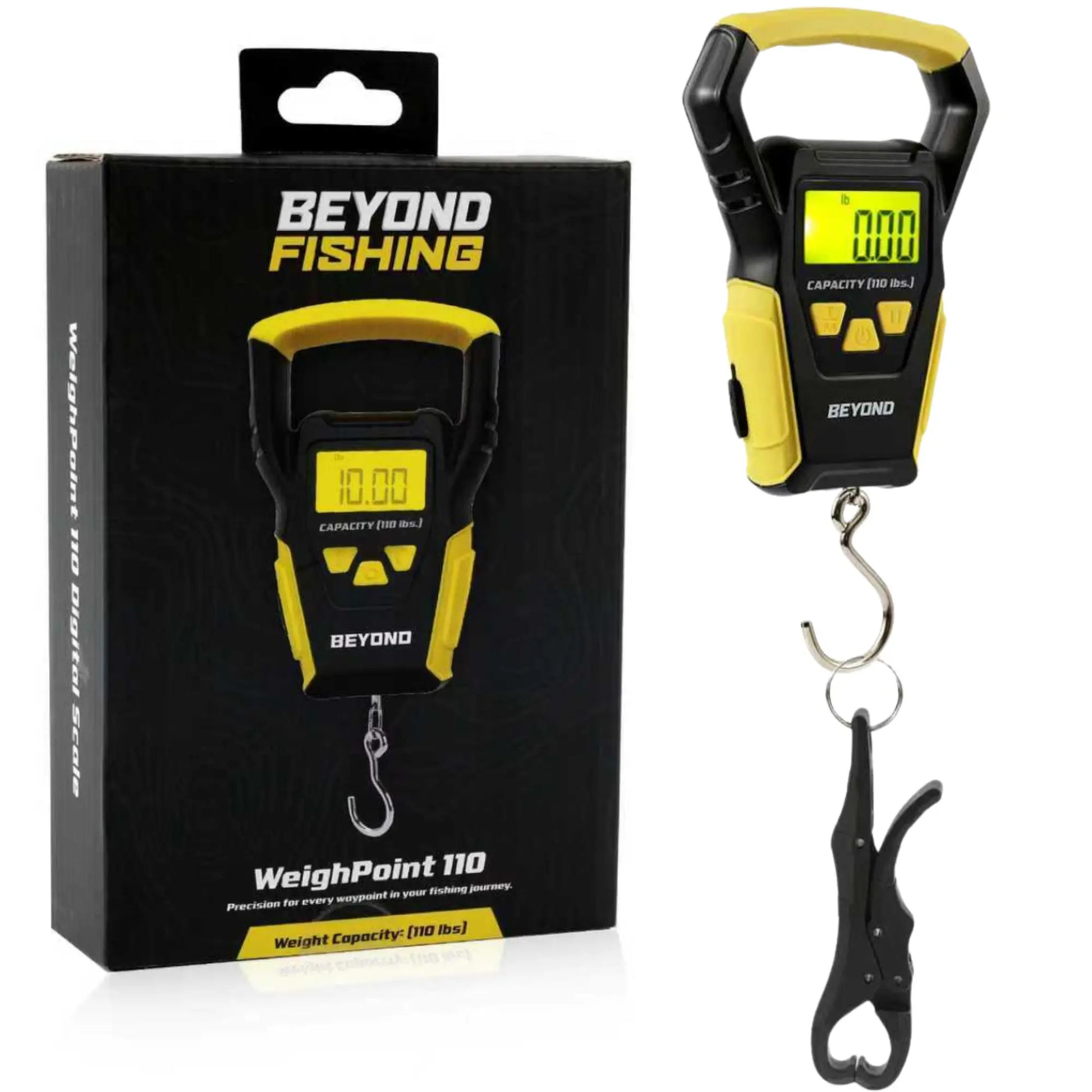 Beyond Fishing Digital Scale with Built-In Tape Measure – Weighs up to 110Lbs - LCD Display, Ounces - Pounds - Kilograms - Ergonomic Grip, Battery Powered, Portable Fish Weigher for Anglers