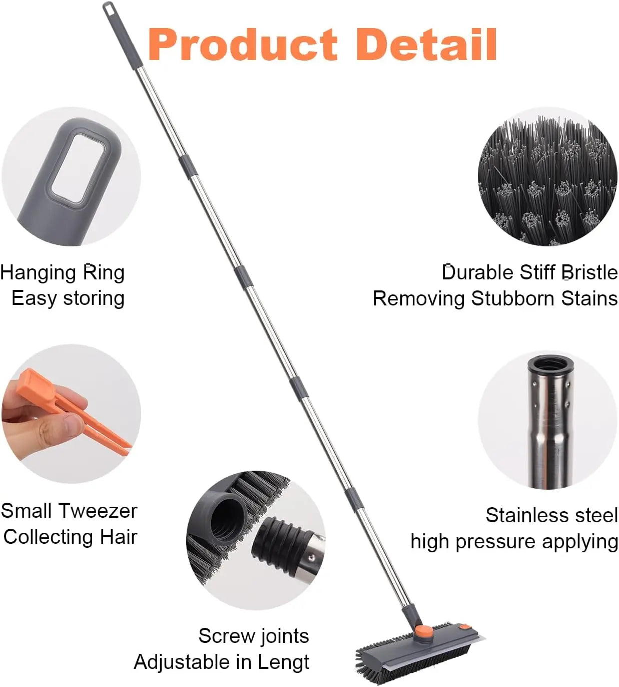 Professional 3-in-1 Heavy Duty Floor Scrub Brush with Long Handle, 360° Rotating Design, Stiff Bristles, Squeegee, and Tweezer for Deep Cleaning of Bathroom, Shower, Tile, Grout, Patio, Deck, Garage, and Kitchen Floors