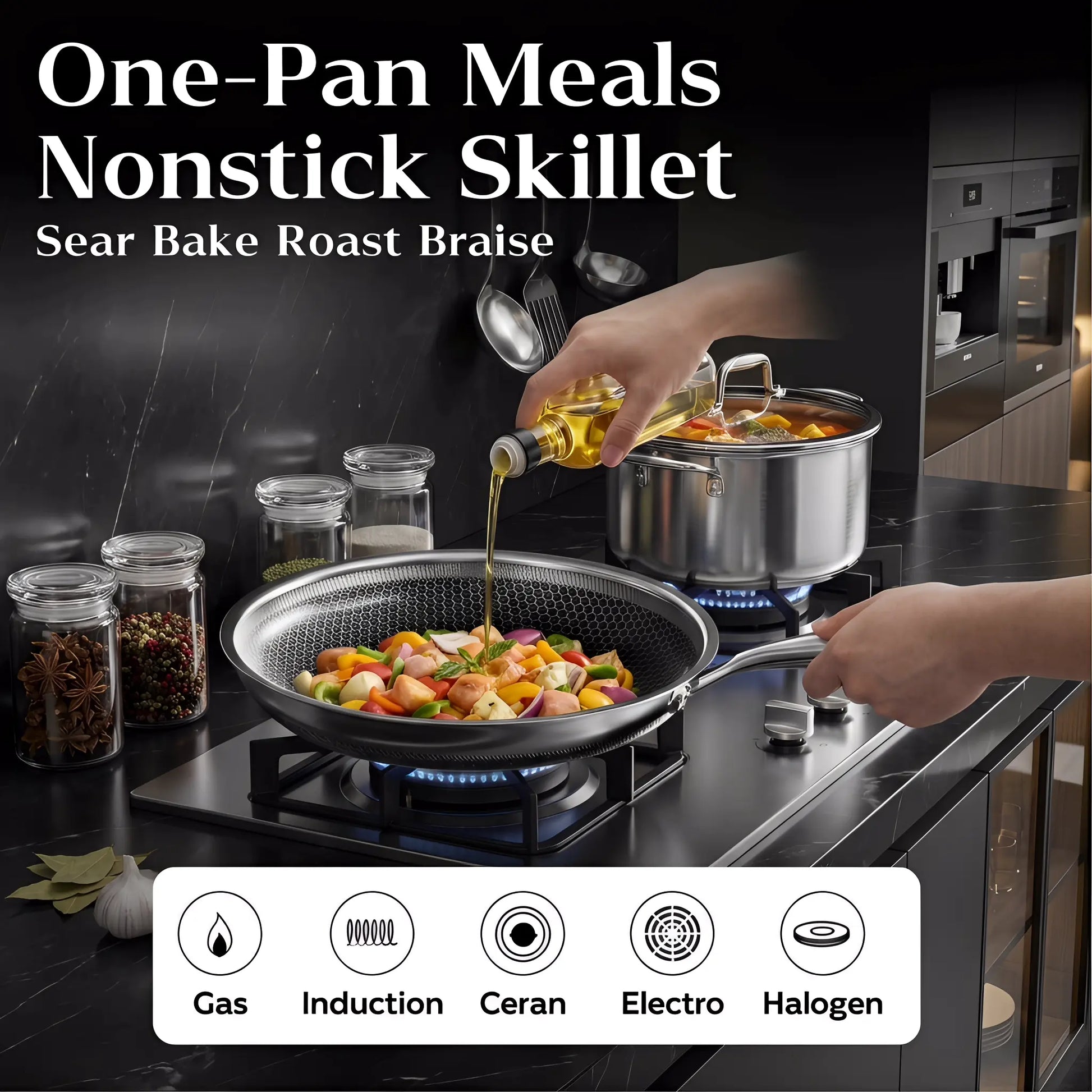 XBM Professional 3-Piece Hybrid Nonstick Cookware Set - Ceramic Honeycomb Skillets (8", 10", 12") - 100% PTFE/PFOA Free, Tri-Ply Stainless Steel, Induction & Oven Safe Wok - Ideal Mother's Day Gift