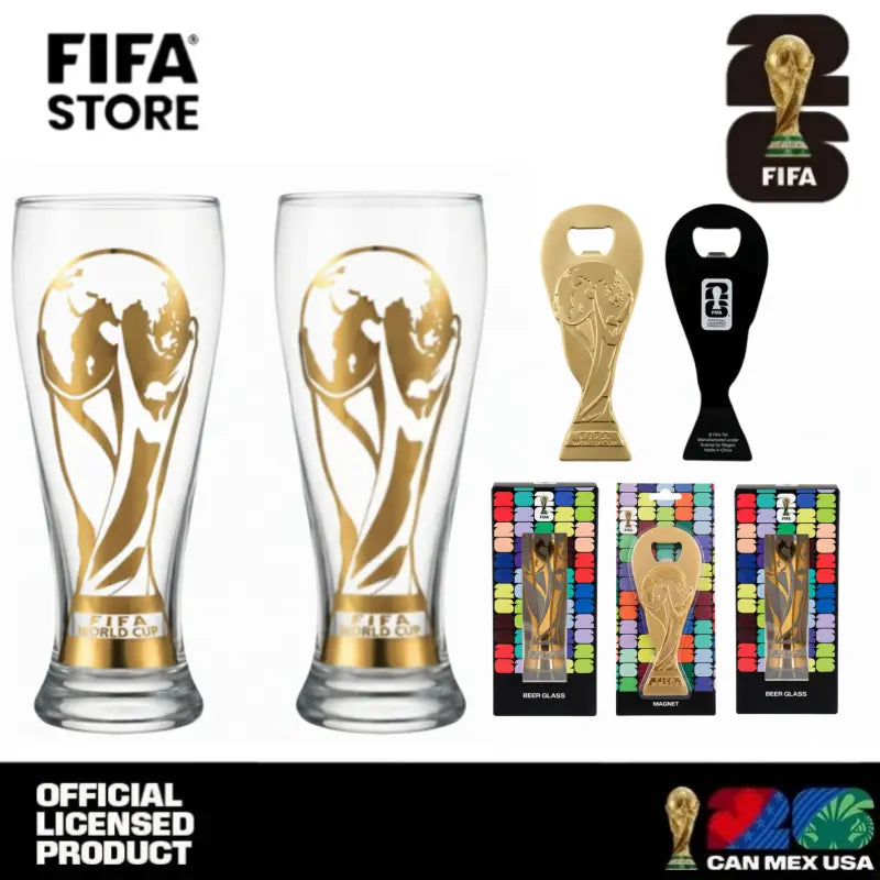FIFA World Cup 2026 Premium Glass Set - Gold-Rimmed Trophy Design for Gifting, Home Use, and Barware - Reusable Bottles and Mugs