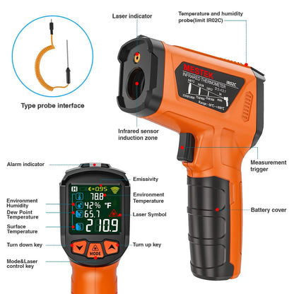 MESTEK Infrared Thermometer Gun, Non Contact Digital Laser Thermometer Temperature Gun with Color LCD for Cooking, Home Repairs, Humidity Measurement, Adjustable Emissivity -58°F to 1472°F(-50~800°C)